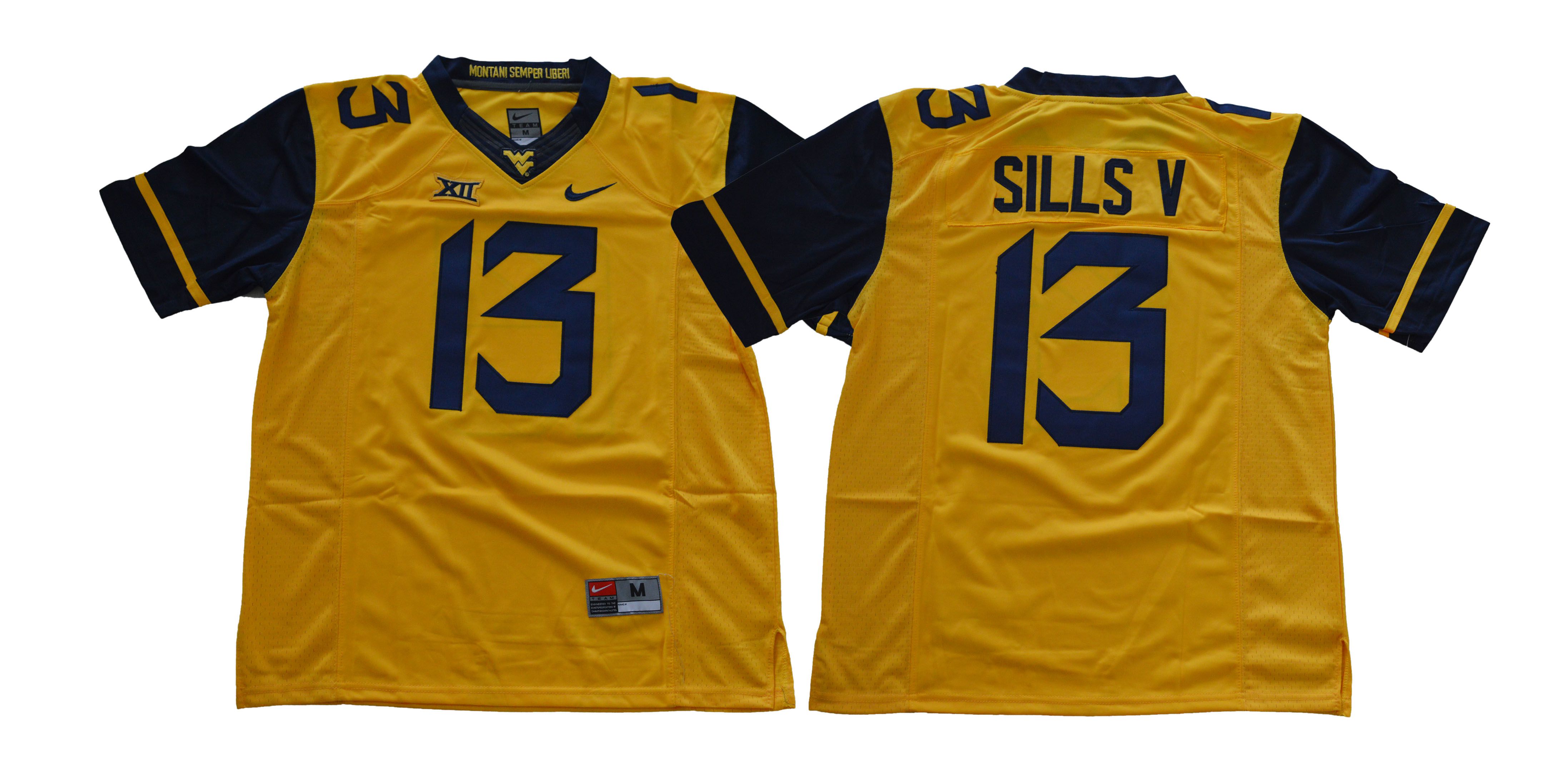 Men West Virginia Mountaineers #13 Sills v Yellow NCAA Jerseys->kansas city chiefs->NFL Jersey